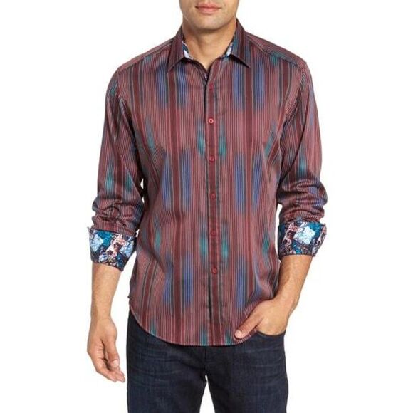 Robert Graham Rahman Shirt Mens Stripe Jacquard Long Sleeve Flip Cuff Paisley